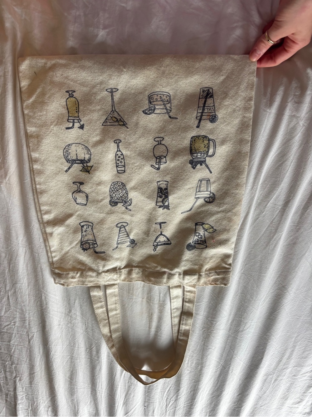 Canvas Tote Bag with Whimsical Instrument Prints - Cream & Navy